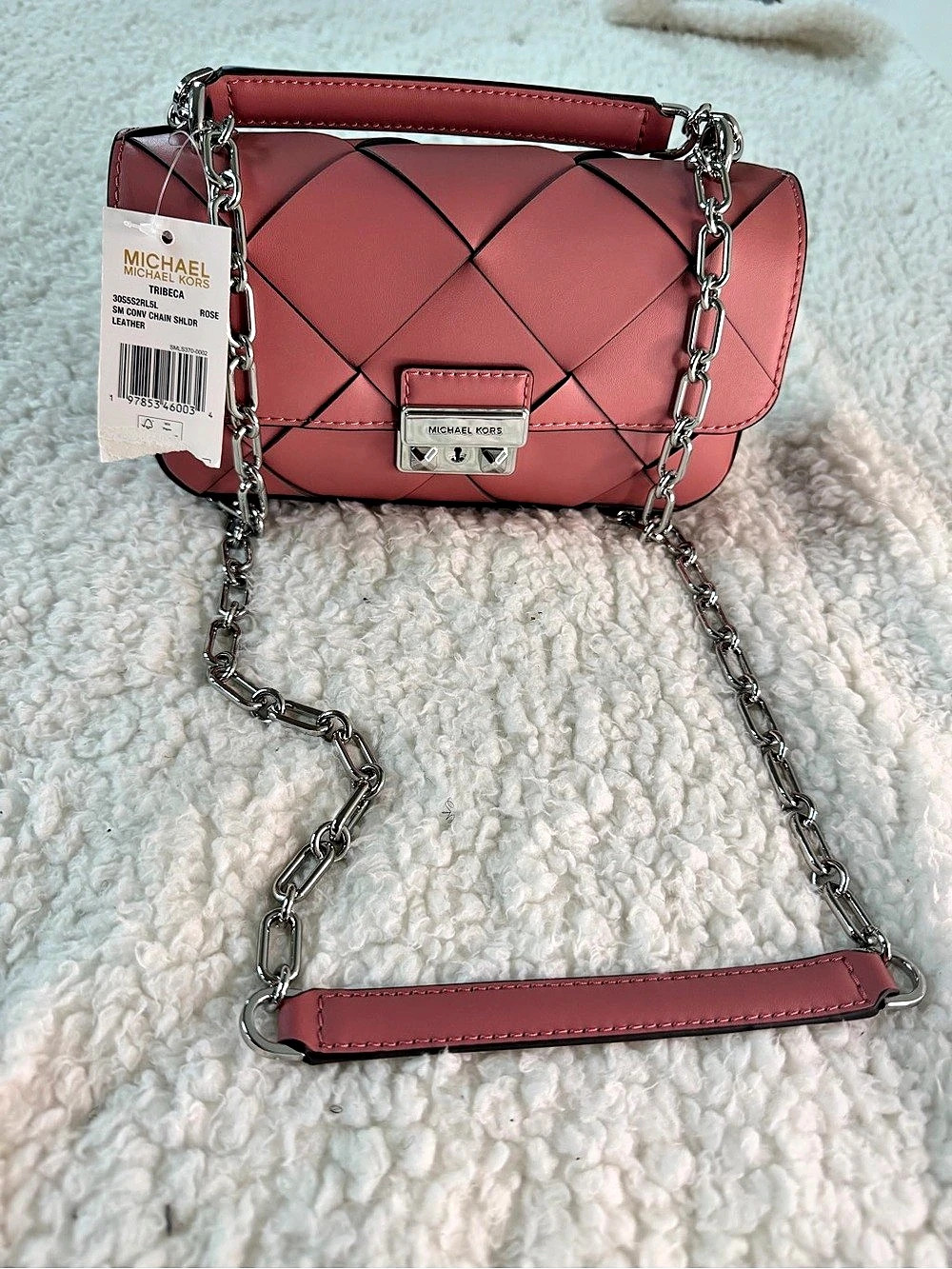 Michael Kors Tribeca Small Quilted Leather Convertible Crossbody Bag in Rose.